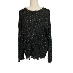Lord & Taylor Black Beaded Fringed Merino Wool Sweater Long Sleeve Size Large